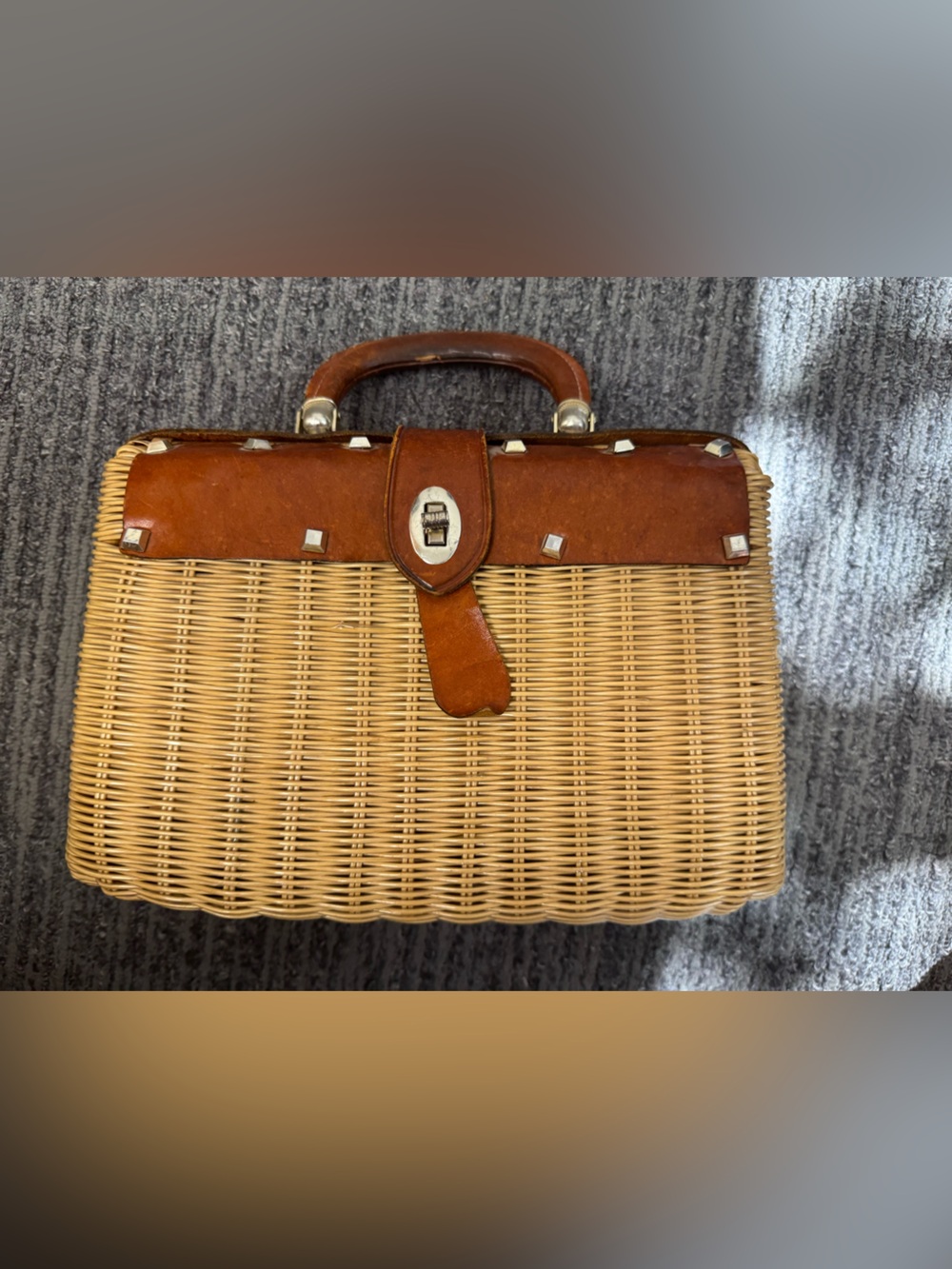 Vintage Simon Wicker and Leather Handbag by Ernest Blum